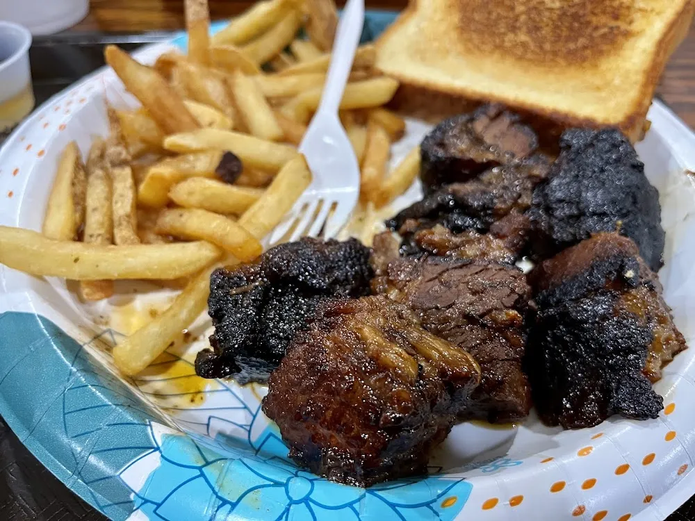 Burnt Ends with Fries and Greens